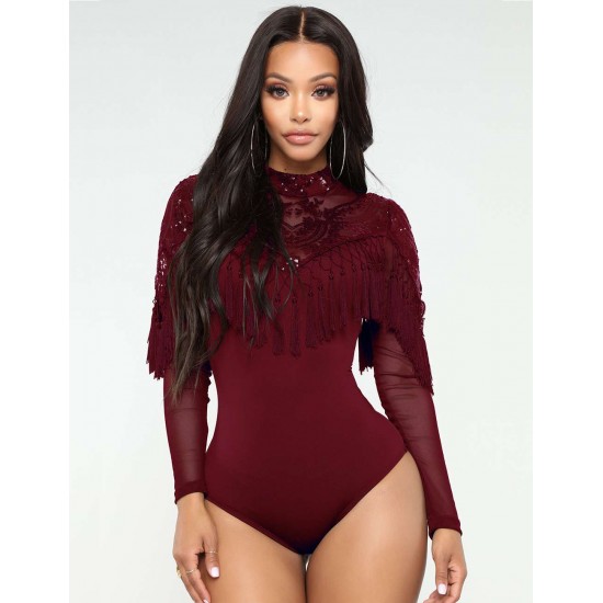 Red Lace Fringe Decoration Long Sleeve Teddy