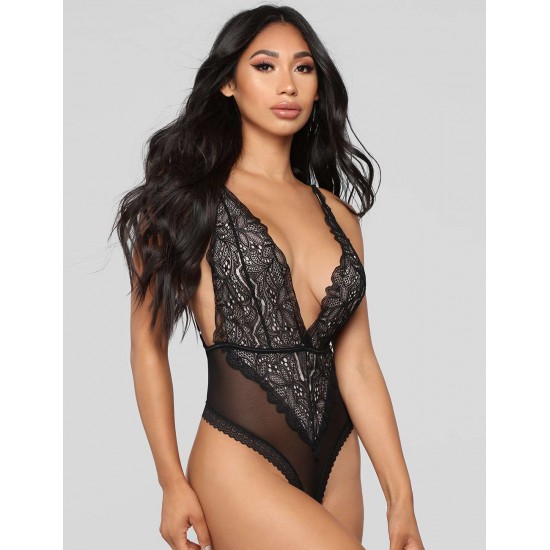  Black Lace Stitching Backless Teddy