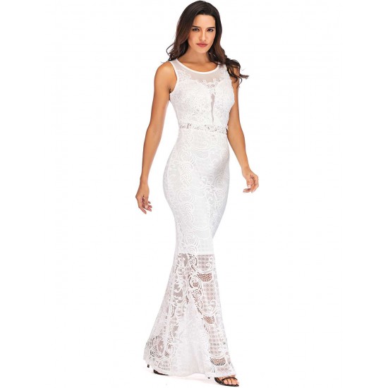 White Lace Patch Stitching Evening Dress