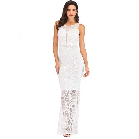 White Lace Patch Stitching Evening Dress