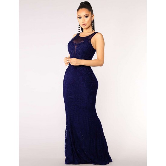 Dark Blue Lace Patch Stitching Evening Dress