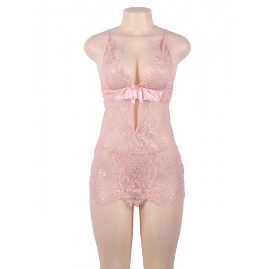 Pink Eyelash Lace Sexy Babydoll