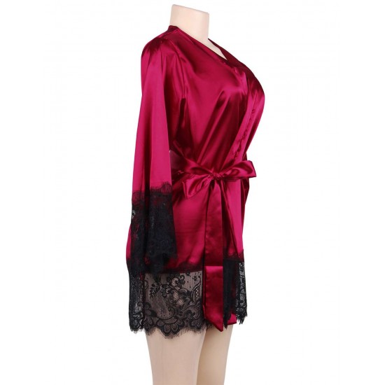 Plus Size Wine Red Silk Satin Lace Sexy Women Kimono Home Pajamas