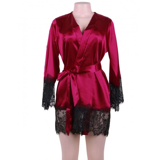 Plus Size Wine Red Silk Satin Lace Sexy Women Kimono Home Pajamas