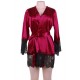 Plus Size Wine Red Silk Satin Lace Sexy Women Kimono Home Pajamas