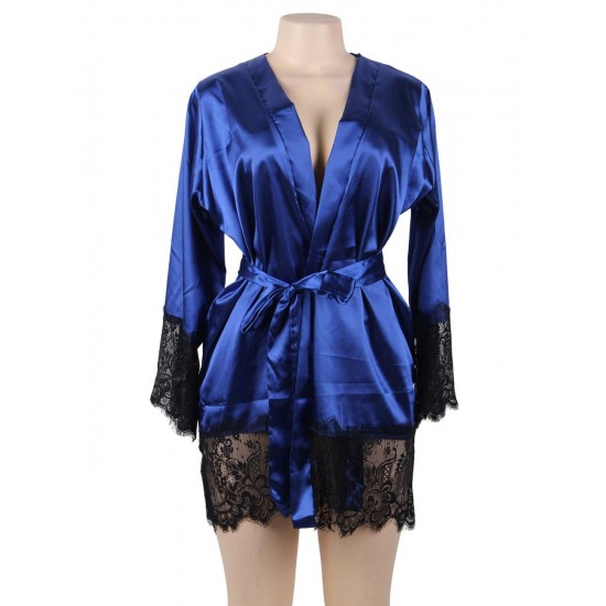 Plus Size Blue Silk Satin Lace Sexy Women Kimono Home Pajamas