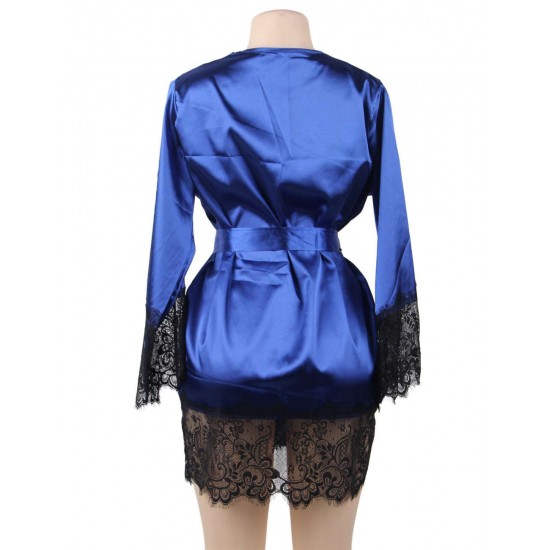 Blue Silk Satin Lace Sexy Women Kimono Home Pajamas