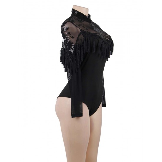 Black Lace Fringe Decoration Long Sleeve Teddy