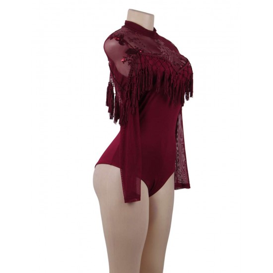 Red Lace Fringe Decoration Long Sleeve Teddy