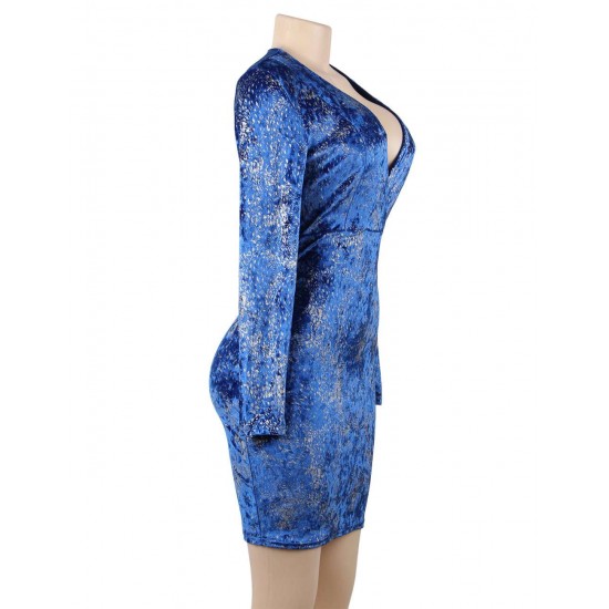 Blue Velvet Glitter Long Sleeve Fashion Dress