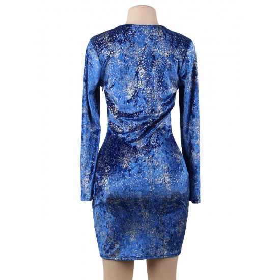 Blue Velvet Glitter Long Sleeve Fashion Dress