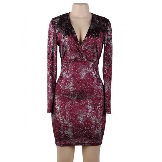 Purple Red Velvet Glitter Long Sleeve Fashion Dress