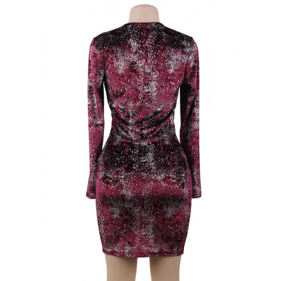 Purple Red Velvet Glitter Long Sleeve Fashion Dress