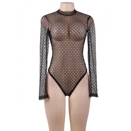 Long Sleeve Sexy Rhombus Mesh Ladies Teddy