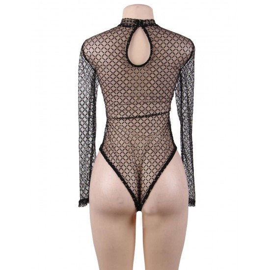 Long Sleeve Sexy Rhombus Mesh Ladies Teddy