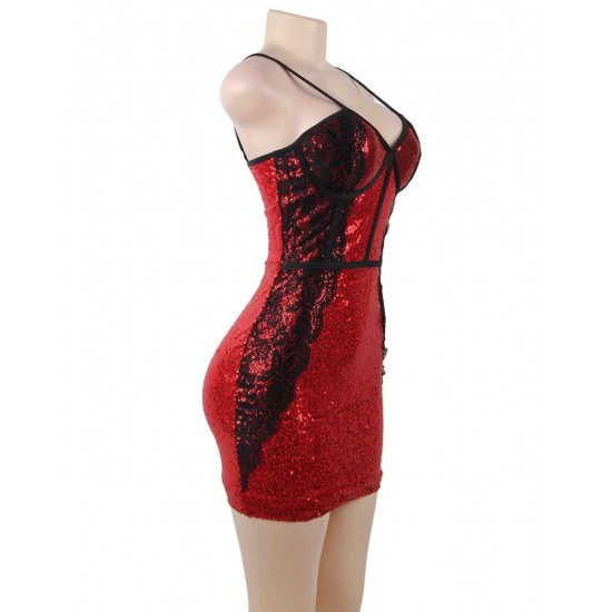 Sexy Red Sequined Lace Stitching Bodycon Dress