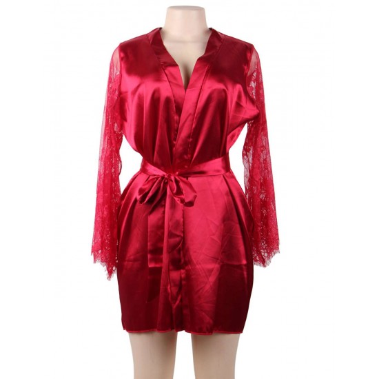 Wine Red Silk Satin Lace Sexy Women Kimono Home Pajamas