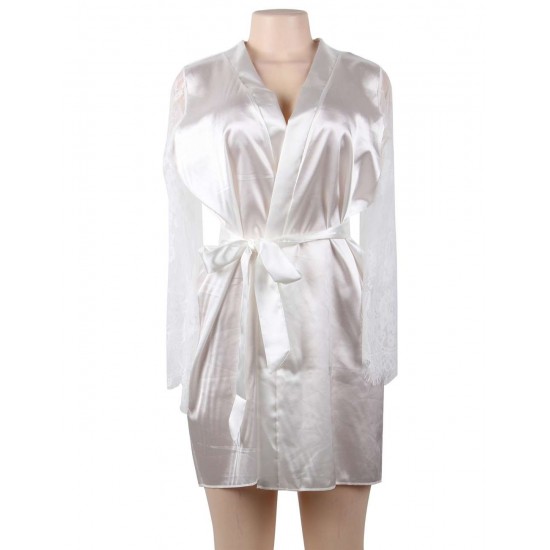 Plus Size White Silk Satin Lace Sexy Women Kimono Home Pajamas