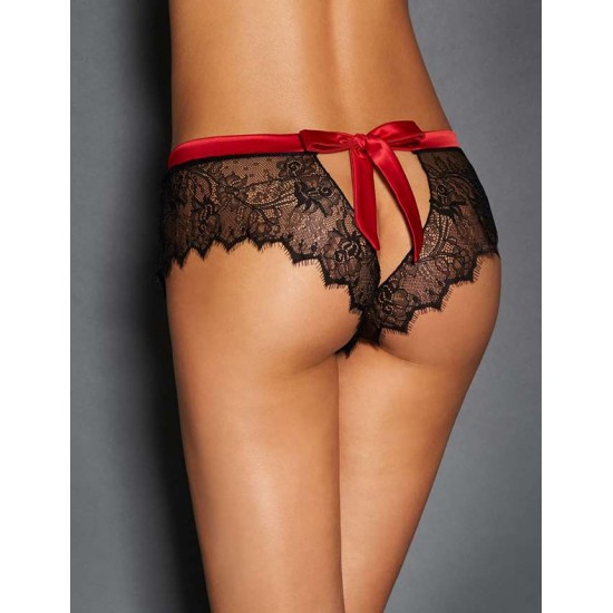 Plus Size Sexy Black Lace Red Silk Strappy Panty