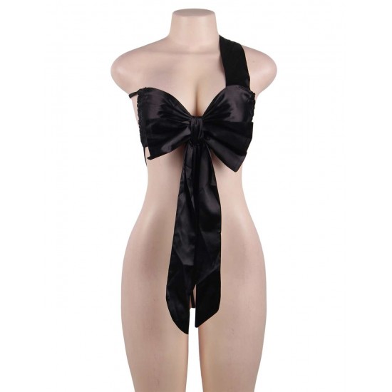 Club Bar Black Silk Bowknot Element Adult Sexy Lingerie 