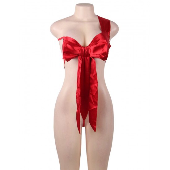 Plus Size Club Bar Red Silk Bowknot Element Adult Sexy Lingerie 