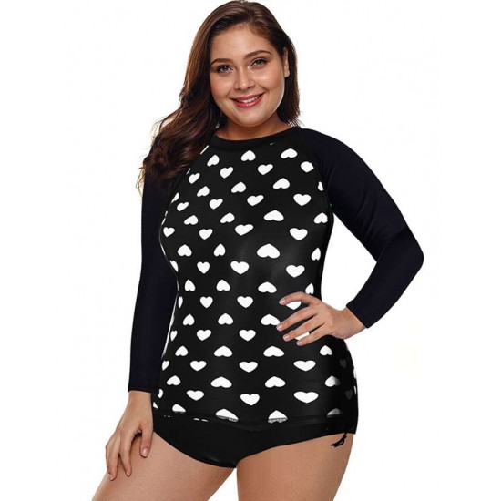 Plus Size Long Sleeve Surf Swimsuit Heart Print Sexy Summer Women's One Piece Sw