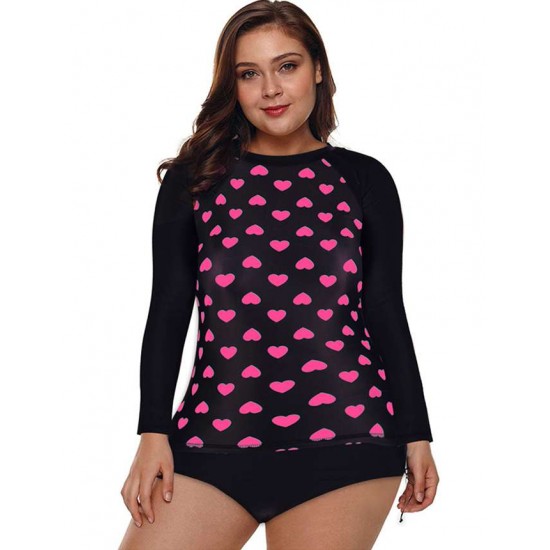 Plus Size Long Sleeve Surf Swimsuit Heart Print Sexy Summer Women's One Piece Sw