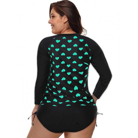 Plus Size Long Sleeve Surf Swimsuit Heart Print Sexy Summer Women's One Piece Sw