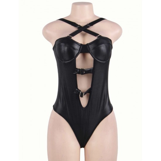 Plus Size Black Leather Women Sexy Teddy 