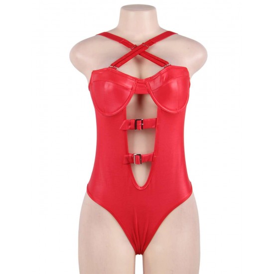 Plus Size Red Leather Women Sexy Teddy 