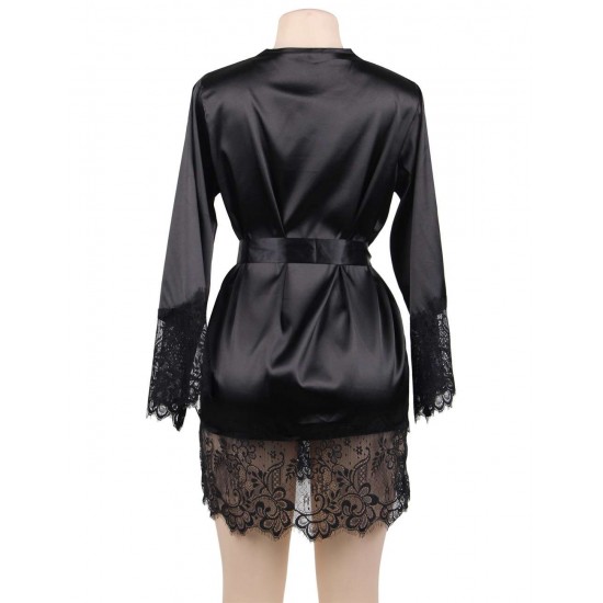 Plus Size Black Silk Satin Lace Sexy Women Kimono Home Pajamas