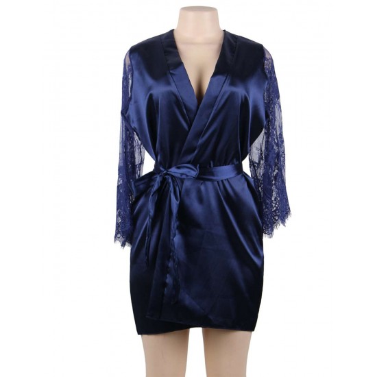 Plus Size Blue Silk Satin Lace Sexy Women Kimono Home Pajamas