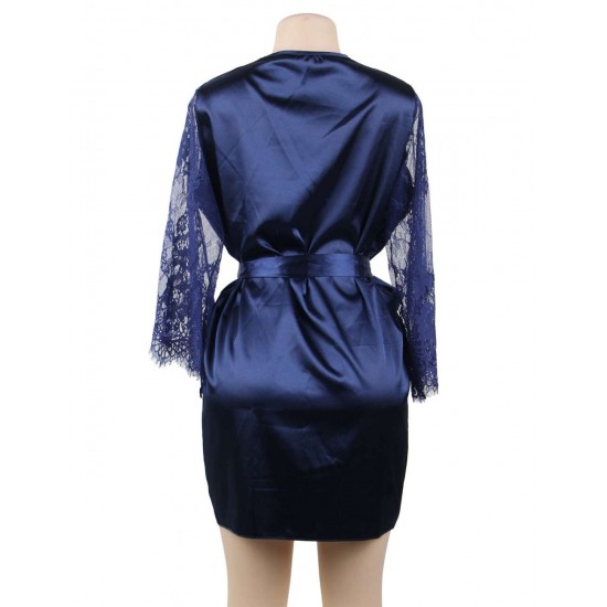 Plus Size Blue Silk Satin Lace Sexy Women Kimono Home Pajamas