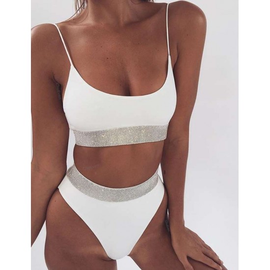 High-Waist Sequins White Solid Color Sexy Summer Bikini Set