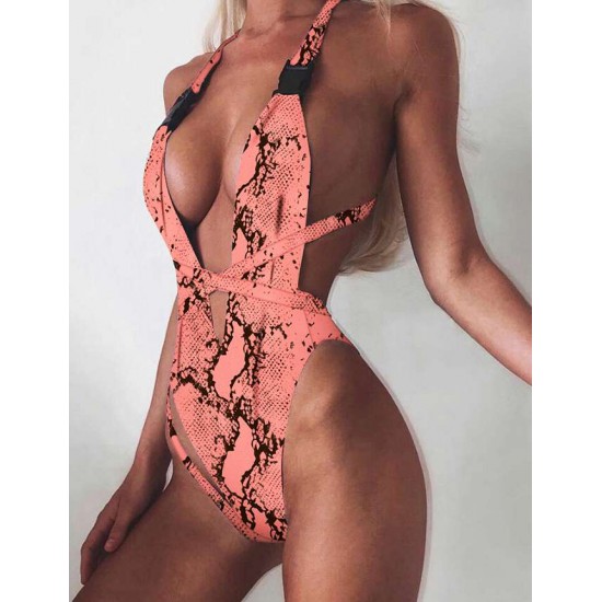 Fashion V Front One Piece Snake Print Swimsuit Sexy Bikini