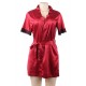 Plus Size Wine Red Silk Satin Lace Backless Sexy Women Kimono Home Pajamas