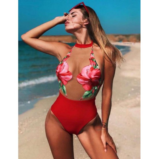 Red Flower Backless Sexy One Piece Swimwear