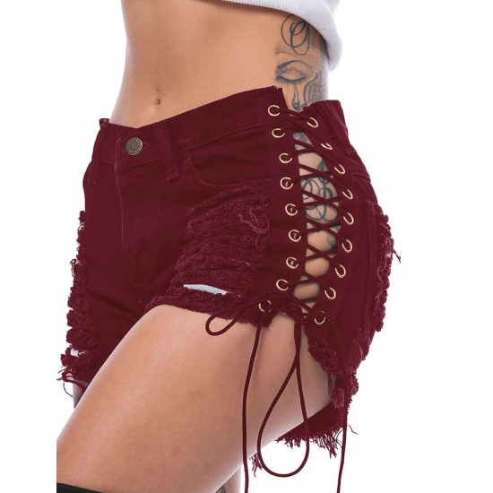 Broken Holes Lace Up Shorts Sexy Summer Jeans Shorts