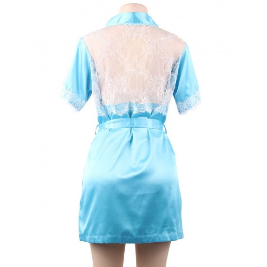 Blue Silk Satin Lace Backless Sexy Women Kimono Home Pajamas