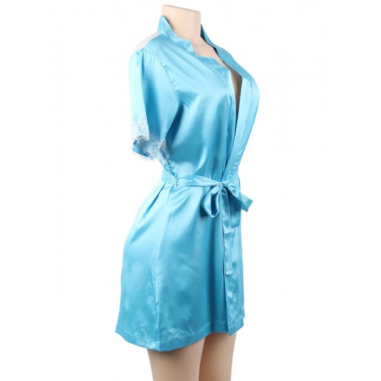 Blue Silk Satin Lace Backless Sexy Women Kimono Home Pajamas