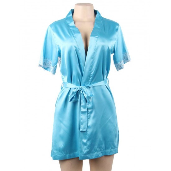 Blue Silk Satin Lace Backless Sexy Women Kimono Home Pajamas