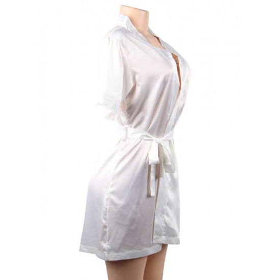 Plus Size White Silk Satin Lace Backless Sexy Women Kimono Home Pajamas