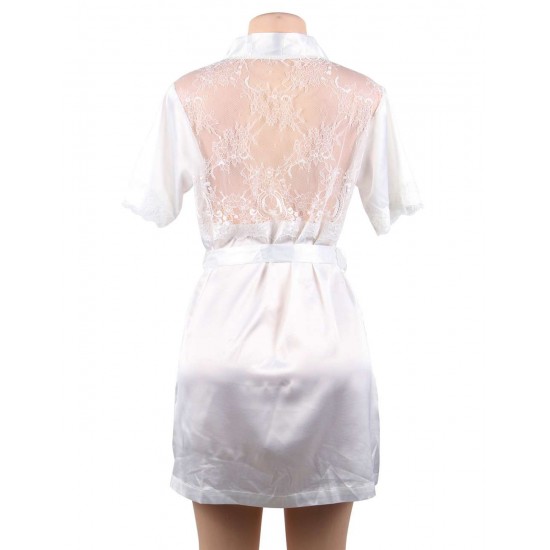 White Silk Satin Lace Backless Sexy Women Kimono Home Pajamas