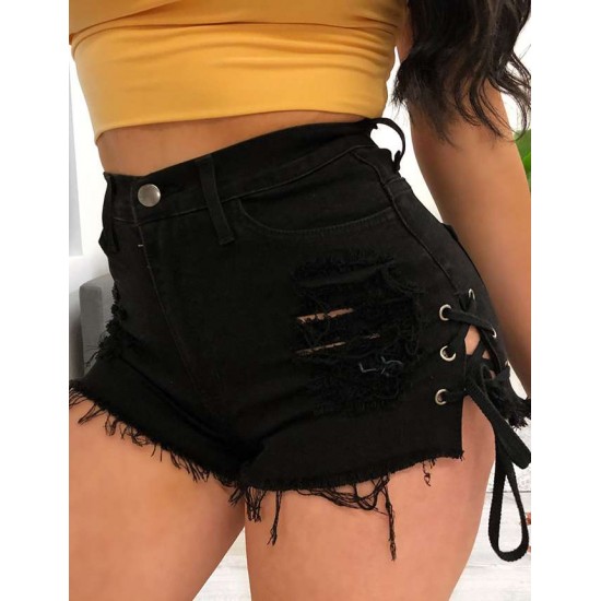 Black Broken Holes Lace Up Shorts Sexy Summer Jeans Shorts