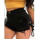 Black Broken Holes Lace Up Shorts Sexy Summer Jeans Shorts