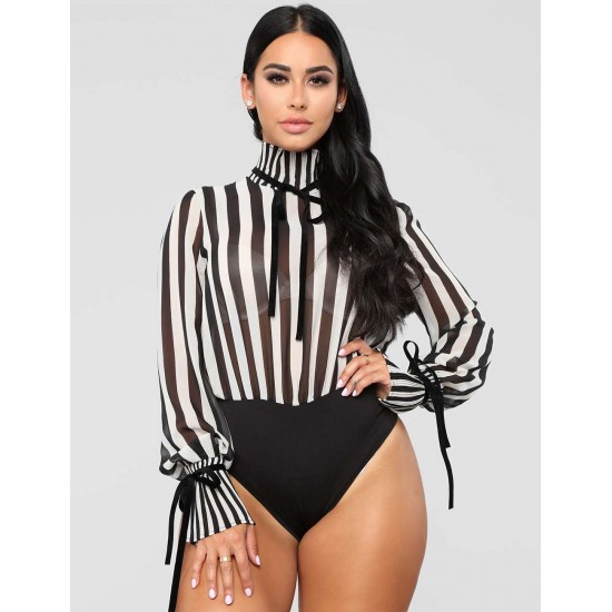 High Neck Long Bell Sleeve Stripe Bodycon Jumpsuit Leotard Tops