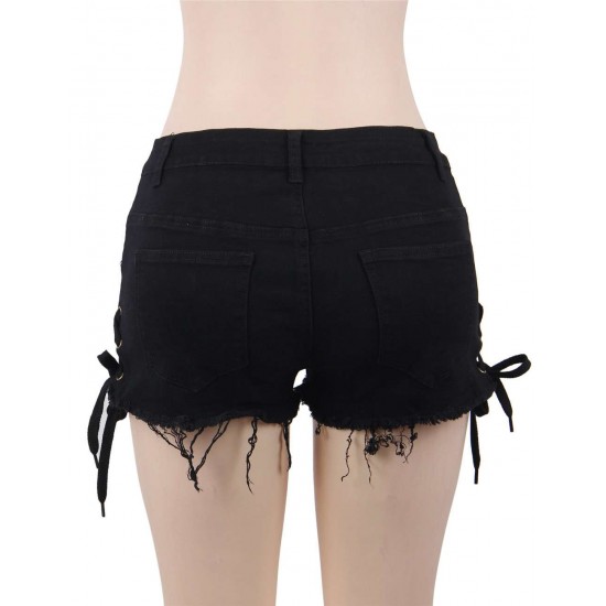 Black Broken Holes Lace Up Shorts Sexy Summer Jeans Shorts