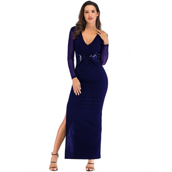 Dark Blue Sequined Decorative Transparent Lace Long Sleeve High Slit Long Dress