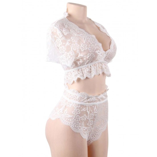 Plus Size Naughty Sexy Girls High Waist White Full Lace Bra Panty Underwear