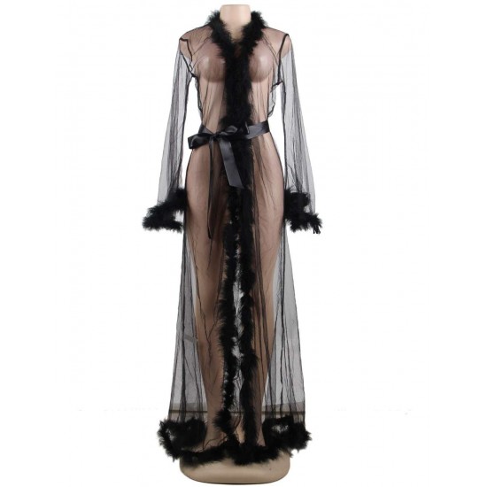 Queen Black Robe Perspective Sheer Sleepwear With Fur 